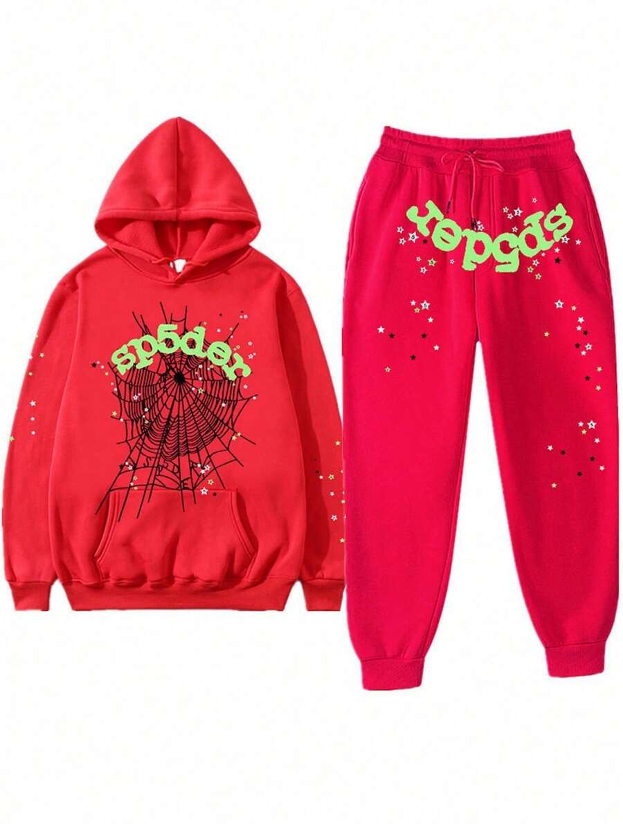 Men's English Printed Pull Tab Hat Long Sleeved Top And Pants Casual 2-Piece Set Daily Outfit - Red - View 1
