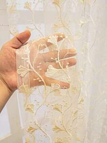 1件装优雅刺绣叶子薄纱窗帘，经典法式风格，杆袋式设计，适用于卧室和客厅，透明透光窗帘 - 米色 - 查看 8