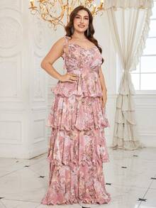 [Random Print] UNITHORSE Plus Women's V-Neck Spraghetti Strapless Tiered Skirt Sexy Backless Chiffon Maxi Slim-Fitting Evening Dress - Pink - View 6