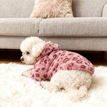 Leopard Print Plush Pet Hooded Jacket, Zipper Design, Warm & Fashionable For Poodle, Teddy, Small/Medium Pets, Autumn/Winter Outdoor Warm Coat