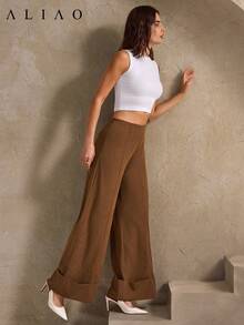 Aliao优雅灯芯绒阔腿裤，适合音乐会、秋季穿着，纯色设计，也可作为正式场合或新年服装穿着。 - 棕色 - 查看 5