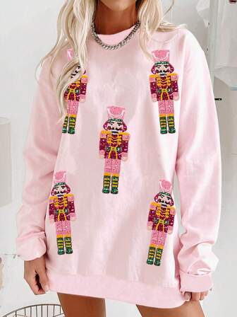 Ladies Autumn Pink Sequins Cartoon Christmas Character Pattern Round Neck Falling Shoulder Long Sleeve Casual Sweatshirt Cartoon Christmas