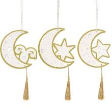 1pc Carved Wooden Star & Moon Wall Hanging Plaque (17cm*15.5cm) | Slow Rebound Tassel Design | Holiday Decor | Bedroom/Living Room Wall Decor - Multicolor - View 6
