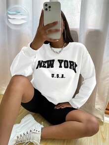 2026Flirla Women's Letter Printed Round Neck Sweatshirt,Long Sleeve Tops Graduation,Back To School Outfits,Graduation,Teacher Outfits For Women,Back To School Pullover Fall Outfit - White - View 10