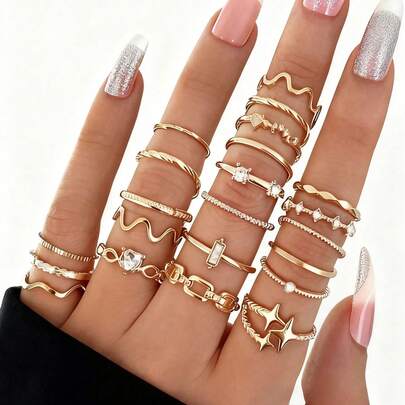 22 piezas Juego de anillos minimalistas de moda con corazón de strass, ola, estrella, asimétricos; anillos de nudillo geométricos dorados [Tallas marcadas, anillos cerrados, por favor no forzar a abrirlos]