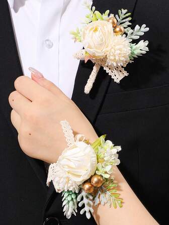 1 st konstgjord blomma handledskorsage och boutonniere, med spetsdekoration och gyllene pärlor, för bröllopsbalfest