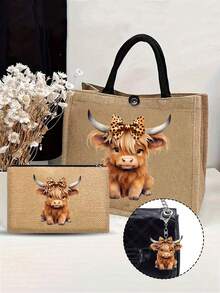 Túi tote bằng vải lanh in họa tiết bò cao nguyên đáng yêu, ví đựng tiền xu, túi phong bì, túi có khóa kéo, bao bì quà tặng cá nhân hóa, túi xách đa năng hoạt hình vui nhộn, vật dụng cần thiết khi đi biển, túi mùa hè cho nữ, túi bò cao nguyên dễ thương phù hợp cho du lịch, kỳ nghỉ và đi biển. - Màu Khaki - Xem 18