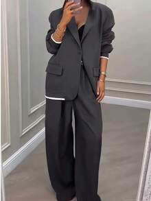 Ensemble tailleur élégant pour femmes en couleur unie, patchwork, contraste côtelé, poche, fermeture éclair et bouton. Convient pour le travail et le port casual quotidien - Gris foncé - Voir 5