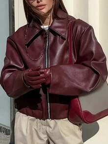 Plus Size Solid Color Zip-Up Casual Jacket, Autumn/Winter - Burgundy - View 1