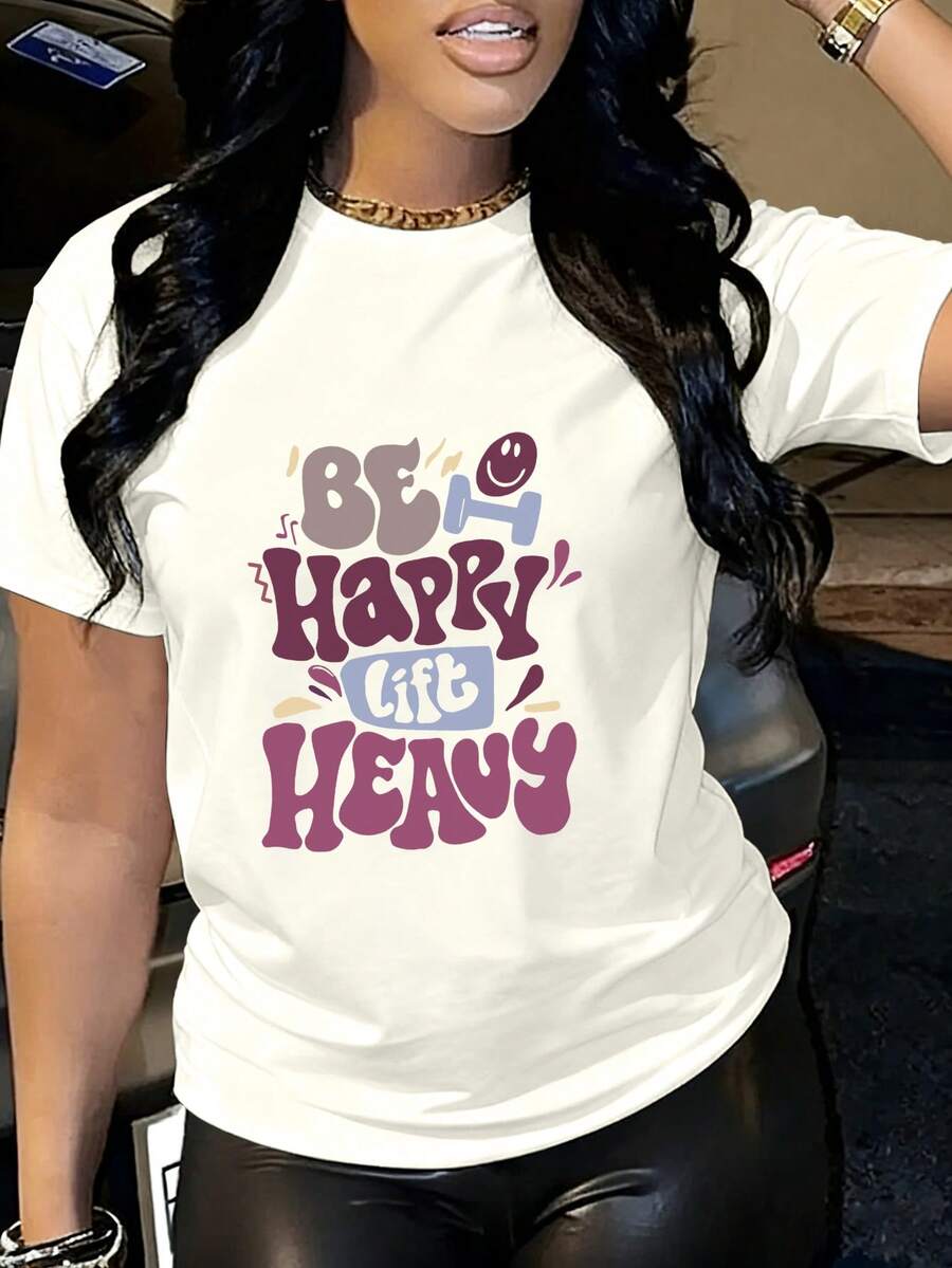 Ropa de mujer casual de manga corta, camiseta impresa en letras, cuello redondo, ropa de mujer casual de verano elegante y cómoda - Beis - Ver 1