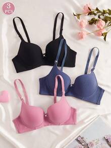 3pcs Women's Comfortable Sleep Soft Cup Cotton Bras With Wire - Multicolor - View 3