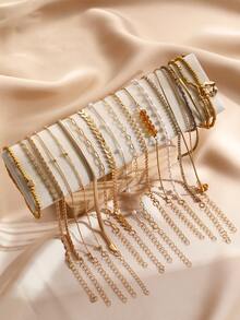 7/19pcs Vintage Elegant Heart Crystal Faux Pearl Snake Chain CCB Beaded Layered Bracelet Set, Women Occasion Gift, Versatile Daily Wear - Yellow Gold - View 4