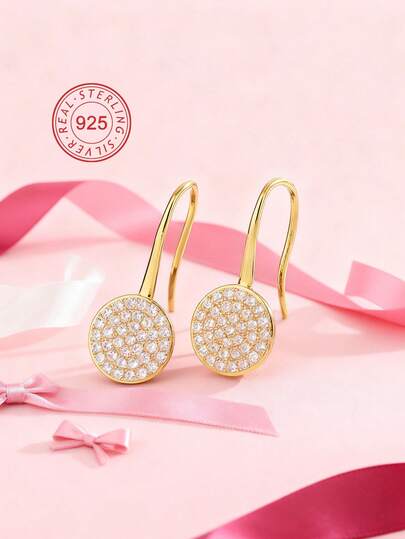 Artepollo Pendientes de plata de ley 925 con circonita para mujeres, ganchos de pendientes con disco redondo chapado en oro de 14K, hipoalergénicos, resistentes a la decoloración, ligeros, joyería diaria, empaque de caja de regalo, regalo de cumpleaños para amigos