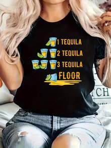 Camiseta de fiesta mexicana festiva | Mujer casual cuello de tripulación manga corta | 95% poliéster, 5% spandex tejido de punto | Longitud regular, lavable en máquina | Gráfico juguetón "Tequila" con diseño de tazas y chips | Versátil para primavera/verano/otoño - Oscuro - Ver 2