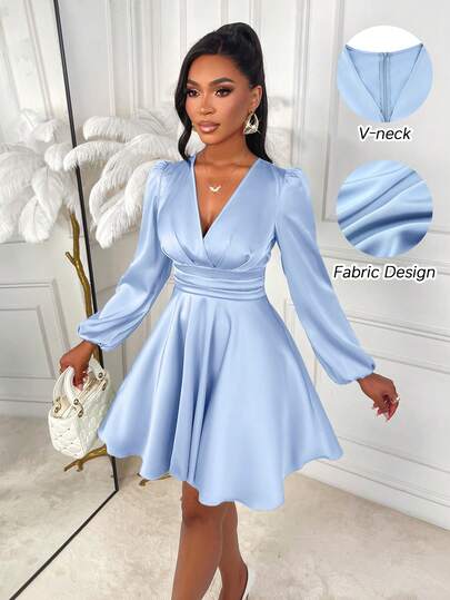 AIJ Dieser elegante einfarbige figurbetonte A-Linien Satin-Minirock mit V-Ausschnitt und Puffärmeln ist die perfekte Wahl für die Frühlings- und Herbstsaison. Geeignet für Partys, den täglichen Weg zur Arbeit, Weihnachten, Neujahr, Valentinstag und verschiedene Anlässe.