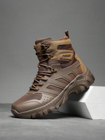 1 Pair Men's Solid Color PU Leather Hiking Boots, Lace-Up, Non-Slip Sole, Breathable Upper, Suitable For Hiking, Mountaineering, Desert, Travel, Camping