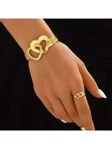 2pcs Women's Gold Hollow Heart Casual Jewelry Set, Suitable For Daily Wear - Gold - View 1