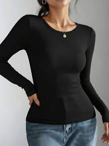 2 piezas Camiseta de manga larga de punto acanalado de unicolor para mujer, tops casuales ajustados cómodos en negro y blanco para otoño/invierno - Multicolor - Ver 9