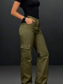 Women's New Multi-Pocket Straight Leg Cargo Pants, American Hot Girl Style, High Waist, Slimming Casual Sports Pants - 軍綠色 - 查看 5