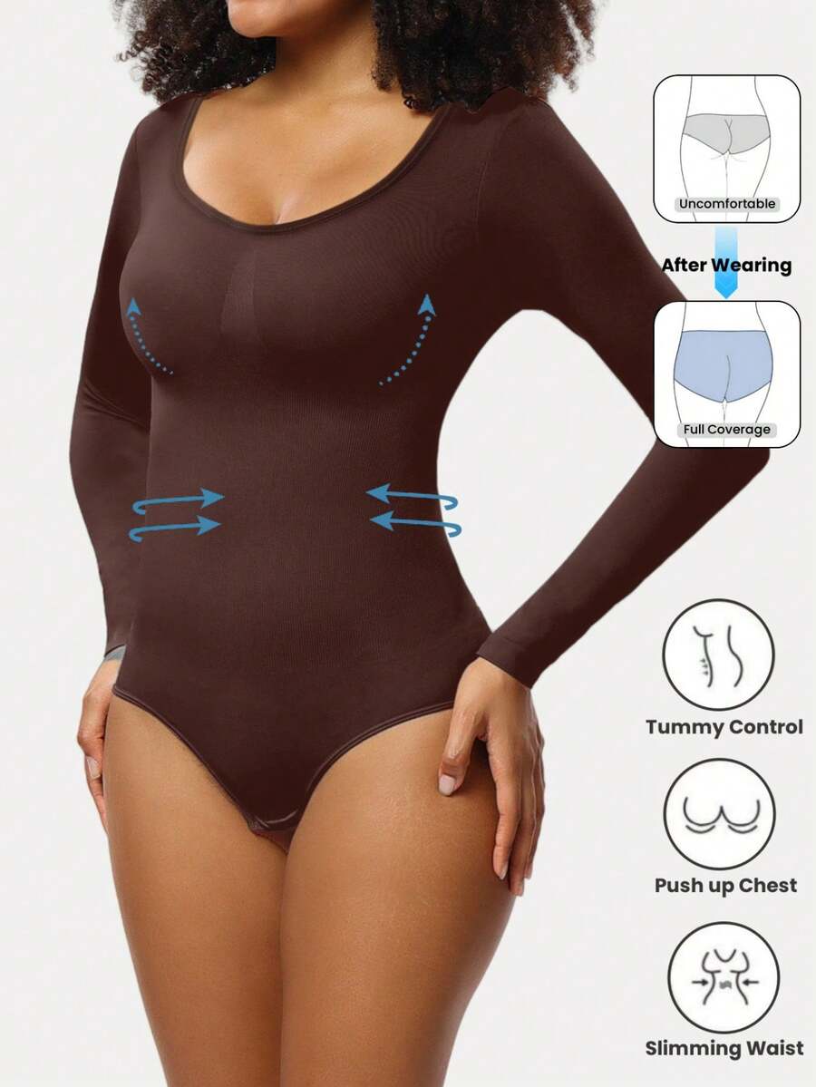 1pc Women's Seamless Crew Neck Long Sleeve Shapewear, Full Coverage Comfortable Bodysuit - Brown - View 1