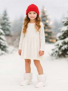 1双女童柔软舒适人造毛皮内衬圆头厚底中筒靴，拉链设计，保暖时尚，适合3-12岁学生，适合滑雪、校园、假期、圣诞节、秋冬季穿着。 - 白色 - 查看 7