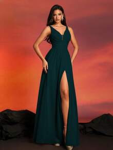 Smilprince 无袖露背开衩长裙，优雅派对晚礼服，伴娘服 - 墨綠色 - 查看 2