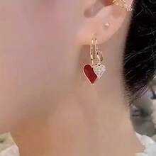 1只红色爱心耳环，新款简约优雅耳环，奢华小众设计，情人节礼物 - 彩色 - 查看 7