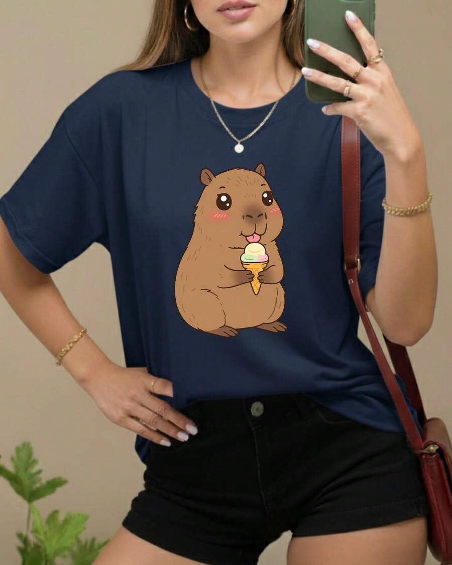 Women's T-Shirt 100% Cotton Cute Capybara Print Eating Ice Cream Short Sleeve Crew Neck T-Shirt Cute Casual Comfortable And Stylish Navy Blue - 藏蓝色 - 查看 1