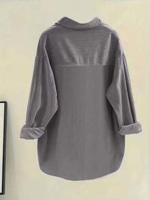 Women's Solid Color Front Button Long Sleeve Fake Pocket Casual Shirt Spring - Grey - View 2