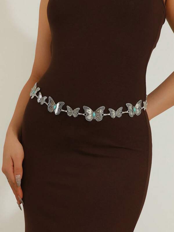 Chaîne de taille papillon turquoise pour femmes, ceinture de taille polyvalente pour robes et manteaux, ceinture de taille en métal, chaîne de taille bohème à la mode en alliage de zinc, populaire toute saison