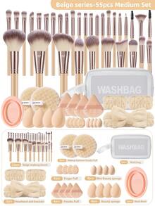 55pcs Ultimate Pro Makeup Gift Set.32pcs Aluminum Brush System(Face/Eye/Lip Master Kit).12pcs Skin Prep Tools|4 Cosmetic Sponges|4 Mini|12 Powder Puffs(4 Triangle+4 Cushion+4 Round). 6pcs Beauty Essentials|Hairband|2 Wristbands|Brush Cleaner|2 Cleansing Sponges.Complete With Waterproof Zippered Organizer,Luxury Travel-Ready Cosmetic For MUA/Brides/Teens,Brush Set,Makeup Brush Kit,Make Up Brush Set,Make Up Set Complete,Makeup Brush Set,Complete Makeup Kit,Brush Kit,Brushes Makeup Set,Makeup Gift Set - Multicolor - View 2