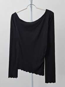 复古美式坏蛋不对称字母水钻缀饰长袖T恤，修身斜肩上衣，适合初秋 - 黑色 - 查看 10