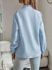 Áo sơ mi dài tay kẻ sọc viền bèo nhún dáng casual dành cho nữ cỡ lớn, mùa xuân - Màu xanh nhạt - Xem 2