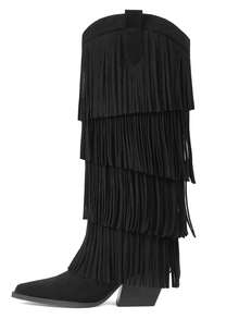 Vintage Cowgirl Outfits For Women Boots Pointed Toe Fringe Detail Chunky Mid Heel Pull On Festival Shoes Country Concert Wide Calf Boots Women Plus Size - màu đen - Xem 5