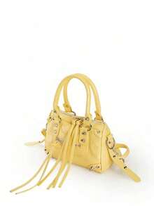 Yellow Patchwork Studs With Metal Fringe Zipper Accents Retro PU Leather Ring Strap With Stud Detailing Double Handles With Adjustable Long Shoulder Strap Zipper Closure Fashionable Retro Sweet-Edgy Style Biker Bag With Y2K Punk Aesthetic Square Silhouette Women's Handbag Casual Understated Luxury Crossbody Bag - Màu vàng - Xem 4