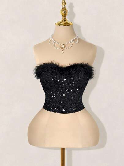 Women's Sleeveless Open Shoulder Cropped Bandeau Top With Faux Fur Trim And Sequin Decor, Elegant Knit Shiny Blouse