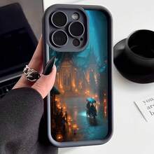 Cubierta de teléfono con borde negro diseño iluminado de ciudad mágica con faroles y carruaje nocturno para uso diario y viajes - Blanco - Ver 3