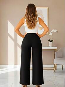 Pantalón de pinza Acampanado Para Dama.Formal, Oficina, De Vestir, Liso, Elegante - Negro - Ver 2