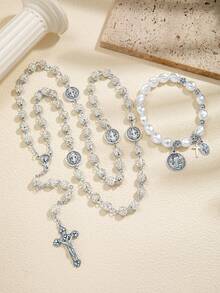 2件套优雅十字架吊坠串珠项链和手链套装，适合女性日常佩戴、参加派对、生日、节日礼物