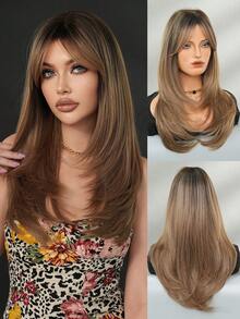 7JHH WIGS 优雅的24英寸沙棕色渐变假发，女士款 - 时尚简约的长款层次假发，带刘海，深色发根，耐热全机织合成纤维假发，适合日常佩戴、派对、情人节礼物，假发配件 - 漸層棕色 - 查看 3