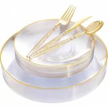 150PCS Clear Gold Plastic Plates With Glitter Handle Silverware Set For Wedding Party And Christmas Events Includes 30 Sets Of Disposable Plates Forks Spoons And Knives Elegant Stylish Tableware Solution For Formal And Festive Occasions - Gold - View 1