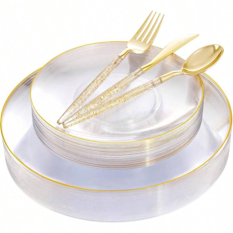 150PCS Clear Gold Plastic Plates With Glitter Handle Silverware Set For Wedding Party And Christmas Events Includes 30 Sets Of Disposable Plates Forks Spoons And Knives Elegant Stylish Tableware Solution For Formal And Festive Occasions - Gold - View 1