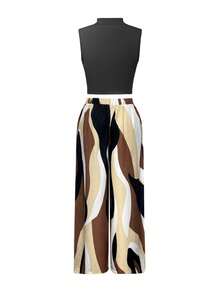 Women's Casual Vacation Style Ribbed Knit Mock Neck Sweater (Wavy Pattern) Paired With Wide Leg Woven Pants 2 Pieces Set