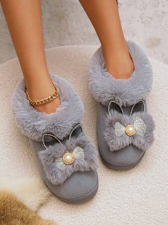 Fall/Winter New Thick Bottom Slippers For Women, Cute Indoor Non-Slip Warm High Heel Maternity Slippers, Bowknot Decor Closed Toe Slippers,Funny Slippers