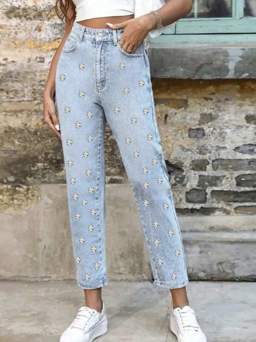 Happy Girl Summer Women's Casual Fashion Minimalist Music Festival Casual Cute Elegant Denim Daisy Embroidered Ladies Jeans Pants - Blue - View 1