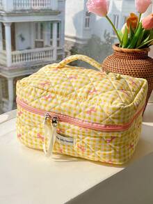 1 pieza/Set Bolsa de maquillaje con patrón de lazo a cuadros amarillos lindos, gran capacidad, bolsa de almacenamiento multifuncional para viajes, bolso portátil con cremallera, adecuado para el hogar, viajes, vacaciones y escuela, accesorios de viaje, accesorios de crucero, accesorios de transporte diario, regalo de dama de honor de boda, regalo de vuelta a la escuela y regalo de vacaciones, decoración de dormitorio, vuelta a la escuela - Multicolor - Ver 5