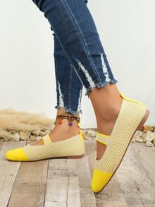 1 Pair Women's Knitted Square Toe Mary Jane Shoes, Beige & Contrasting Color Breathable Flat Shoes, Comfortable One-Piece Belt Casual Everyday Wear - Yellow - View 5