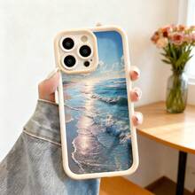 Funda para teléfono con borde protector color negro con estampado de playa y olas al atardecer para uso diario y viajes - Blanco - Ver 2