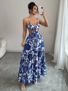 Women's Long Printed Dress With Side Cutouts And Front Ring, Elegant Look - Màu xanh lam - Xem 8
