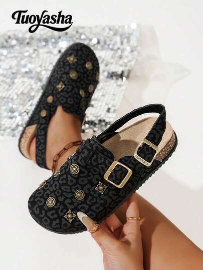 Sandali scorrevoli di nuova moda con cinturino elastico regolabile, decorazione con fibbia in metallo, suola in sughero spessa e morbida, comoda, zeppa platform, sabot senza tallone, scarpe versatili, adatte per uso esterno, pendolarismo, casual, uso quotidiano